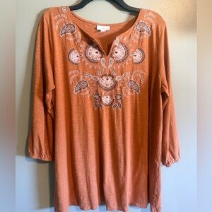 J. Jill Burnt Orange Embroidered Boho Tunic V neck top size large